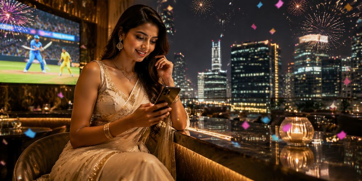 Indian woman in saree enjoying cricket betting on mobile phone